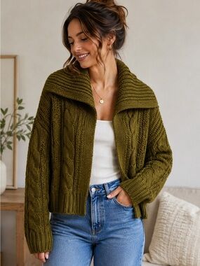 Universal Thread Olive Green Cable Knit Cardigan with Shawl Collar